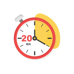 Obraz premium 20 minutes on stopwatch icon in flat style. Clock face timer vector illustration on isolated background. Countdown sign business concept.