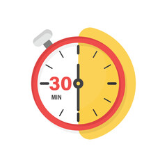 Obraz premium 30 minutes on stopwatch icon in flat style. Clock face timer vector illustration on isolated background. Countdown sign business concept.