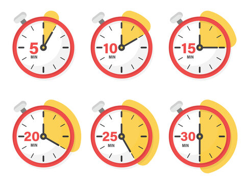 From 5 minutes to 30 minutes on stopwatch icon set collection in flat style. Clock face timer vector illustration on isolated background. Countdown sign business concept.
