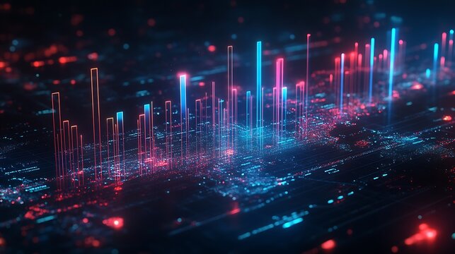 A high-tech 3D chart visualizing global streaming service subscriptions, glowing data bars rising above a digital world map, neon blue and red highlights, sci-fi cyber interface, ultra-HD rendering.