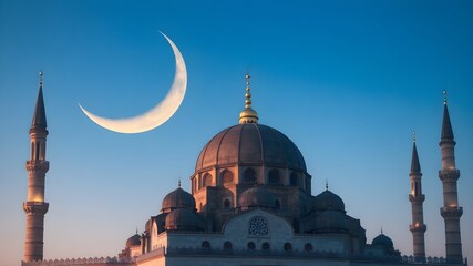 Obraz premium Mosques dome on dark blue twilight sky and crescent moon on background, symbol islamic religion and free space background