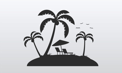 Black Silhouette of Palm Tree on island. Perfect for Designs beach palm tree vector illustration. Silhouette of wooden chaise lounge, Umbrella,  palm tree on beach.