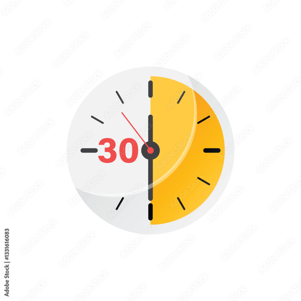 Poster 30 minutes on stopwatch icon in flat style. clock face timer vector illustration on isolated backgro