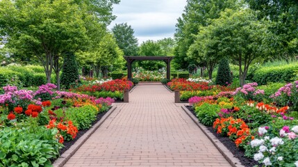 Obraz premium A beautiful garden path framed by flowers and trees, leading to a peaceful, secluded area for reflection.