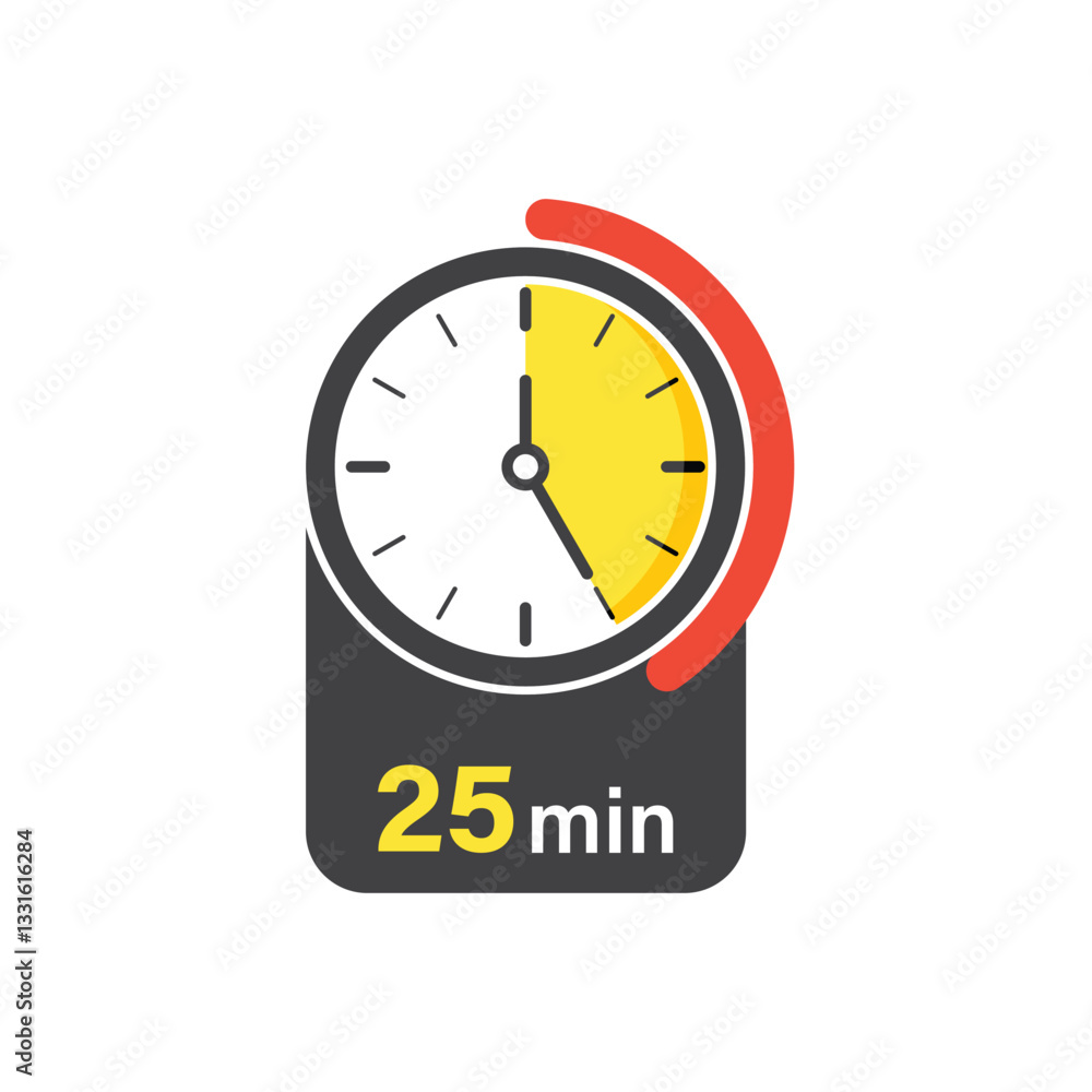 Poster 25 minutes on stopwatch icon in flat style. clock face timer vector illustration on isolated backgro
