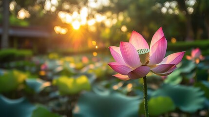 Obraz premium A beautiful lotus flower blooming at Khao Sukim Temple, symbolizing enlightenment and serenity amidst the lush garden.