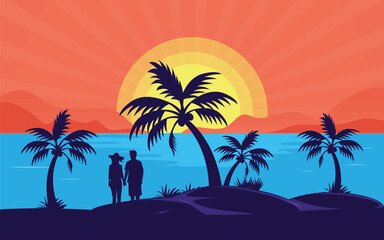 Summer sunset tropical beach line art vector illustration, Palm Tree on island. couple enjoy the sunset on a beautiful palm beach illustration, palm tree with sunset waves Nature.