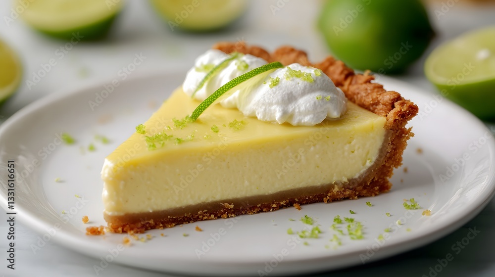 Aufkleber slice of key lime pie topped with whipped cream and lime zest on a white plate with limes in the bac