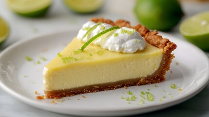 Slice of key lime pie topped with whipped cream and lime zest on a white plate with limes in the background.