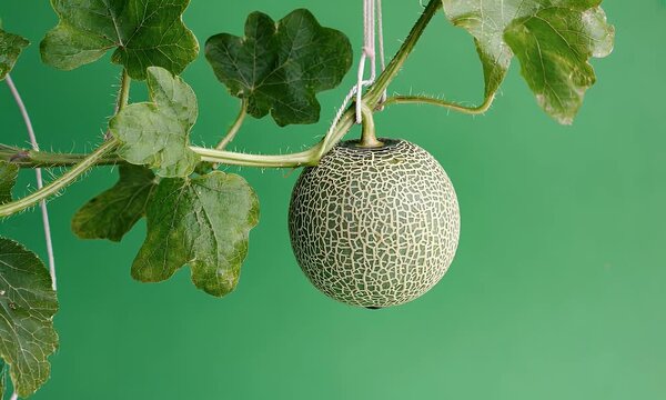 green screen video captures close up of fresh melon fruit hanging on tree while its broad leaves gently sway in natural wind