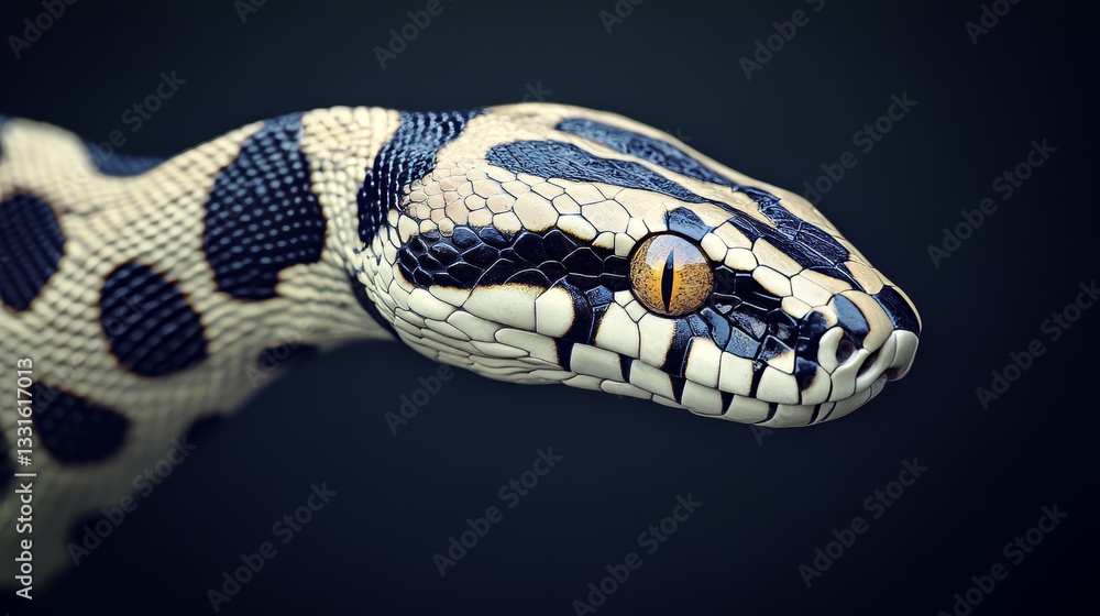Aufkleber close-up, head of a carpet python with striking patterns and intense eyes on a dark background