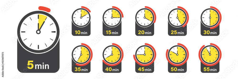 Poster from 5 minutes to 55 minutes on stopwatch icon set collection in flat style. clock face timer vector