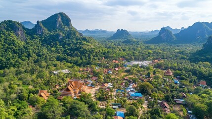 Fototapeta premium A breathtaking aerial shot of Khao Sukim Temple nestled within the rolling hills, surrounded by vibrant green forests.