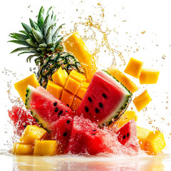Fresh Watermelon Pineapple and Mango Splashing Into Water Isolated on Transparent Background