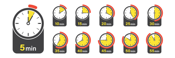 From 5 minutes to 55 minutes on stopwatch icon set collection in flat style. Clock face timer vector illustration on isolated background. Countdown sign business concept.