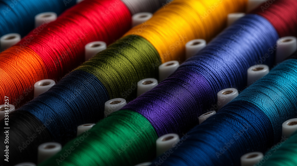 Poster a beautiful array of multicolored sewing threads arranged in a fan pattern, with each spool represen