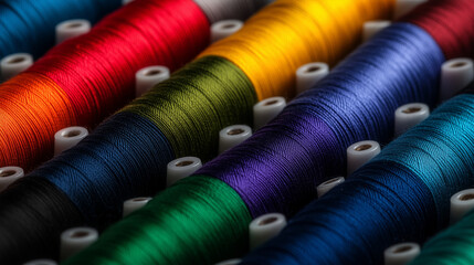 A beautiful array of multicolored sewing threads arranged in a fan pattern, with each spool representing a unique creative expression.