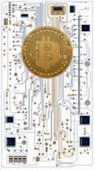 Conceptual representation of cryptocurrency with Bitcoin symbol and circuit board design showcasing digital technology