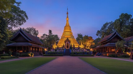 Fototapeta premium A calm afternoon at Mahachedi Chaimongkol Temple, with soft lighting casting a serene glow on the temples golden spire.