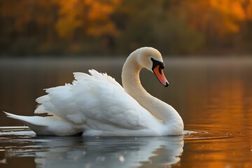 Fototapeta premium Graceful White Swan on Calm Water with Autumn Trees, Generative AI