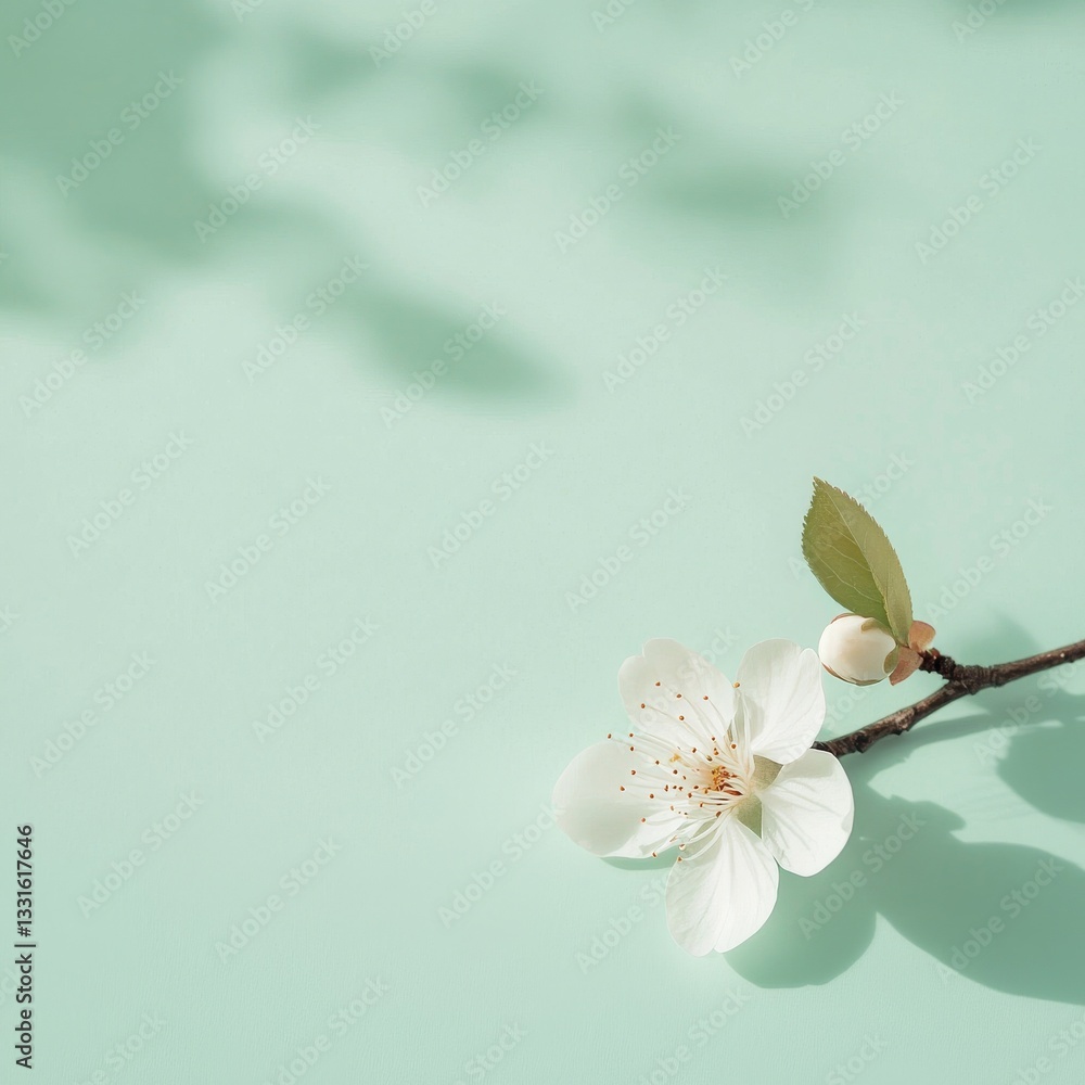 Aufkleber delicate white blossom with bud and leaf on a soft teal background casting a gentle shadow, symboliz