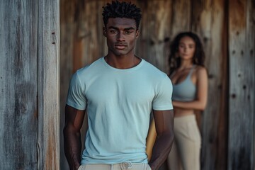 Fototapeta premium A confident Black man in a light blue t-shirt stands near a wooden wall, a woman blurred in the background.