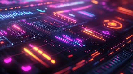 Obraz premium A high-tech infographic tracking internet adoption trends over the last decade, floating 3D bar graphs displaying user growth by region, neon-lit UI overlays, volumetric lighting,