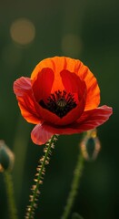 Fototapeta premium Vibrant red poppy flower in bloom against soft green background at sunset