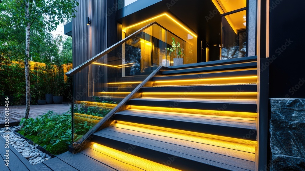 Poster a modern house with a staircase and a glass railing, perfect for architecture or design concept imag