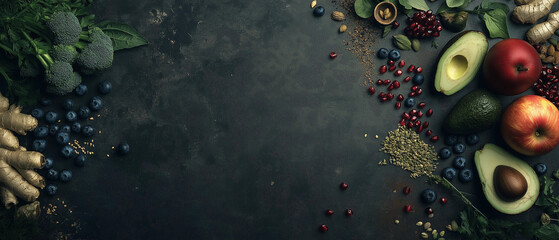 A vibrant flat lay of colorful fruits, vegetables, and grains arranged with scattered seeds, nuts, and herbs on a dark grey concrete background, enhanced by soft lighting and gentle shadows