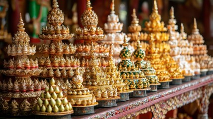 A close-up of the colorful offerings placed at Mahachedi Chaimongkol Temple, showing the spiritual practices of local worshippers.