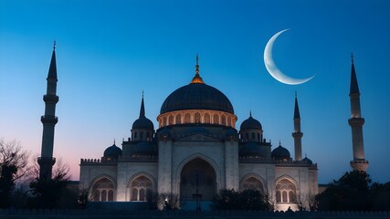 Mosques dome on dark blue twilight sky and crescent moon on background, symbol islamic religion and free space background