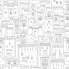 Seamless pattern of urban landscape, fairy tale oriental castles and houses. Black and white coloring book page