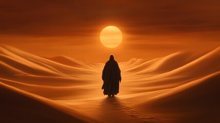 Desert Wanderer: An lone figure journeys through a vast desert at sunset, the golden sun casting a warm glow over rolling sand dunes.