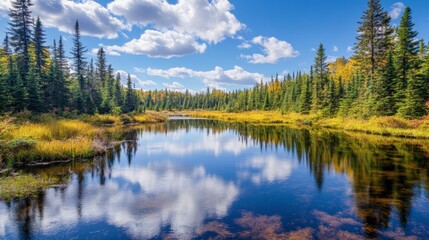 Obraz premium A crystal-clear river winding through untouched wilderness, reflecting the blue sky above.