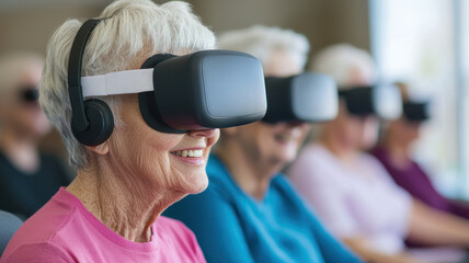Seniors enjoying virtual fitness activities with VR headsets