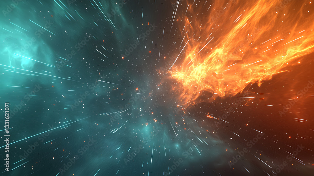 Poster cosmic explosion of energy and light outer space abstract visuals digital art immersive environment 