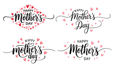 Happy Mother's Day typography vector set with handwritten calligraphy and pink hearts – Elegant lettering design for greeting cards, banner, poster, templates etc