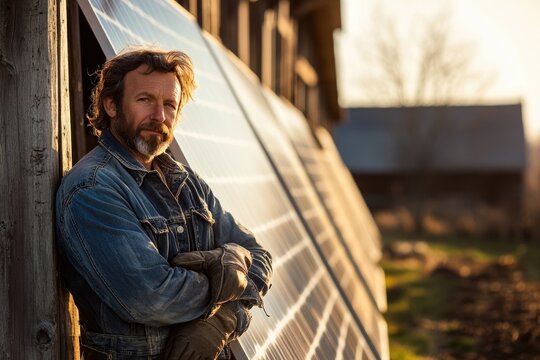 A man in a denim jacket stands proudly by his solar panels, showcasing rural sustainability.