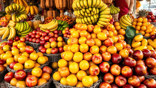 Various fruits in baskets at an eastern Asian market