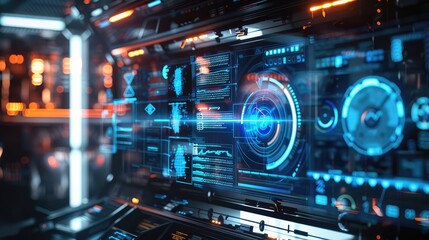 Fototapeta premium Futuristic Control Room with Advanced Digital Interfaces