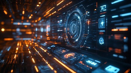 Obraz premium A sleek cybersecurity timeline tracking the rise of digital threats, glowing trend lines, AI-driven attack detection system, floating UI analytics, deep cyberpunk blue hues,