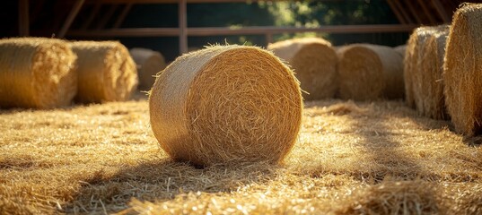 Golden Hay Bales in Sunlit Barn Storage of Livestock Feed on a Farm, Agriculture Scene