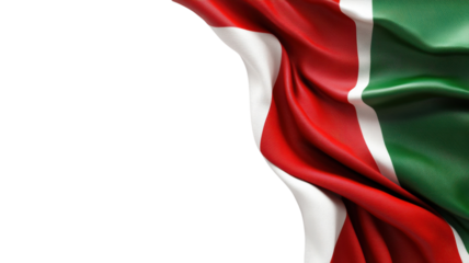 Waving flag features deep green, white stripe, and red elements representing a nation's rich culture and history