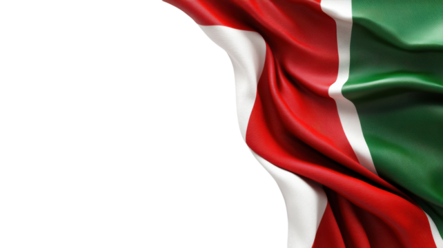 Waving flag features deep green, white stripe, and red elements representing a nation's rich culture and history