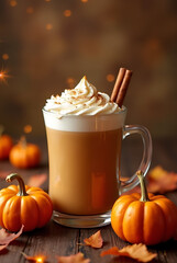 Warm pumpkin spice latte with whipped cream and cinnamon sticks surrounded by autumn decor in a cozy setting
