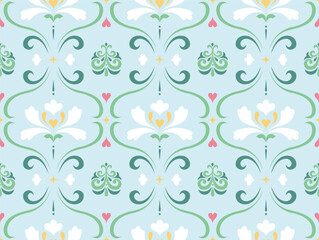 Victorian Style Flower and Bregamot Seamless Pattern in Soft Pastel Tones