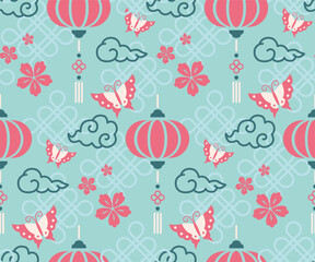 Chinese aesthetic style seamless pattern designed with playful elements like lanterns, butterflies, clouds, and flowers