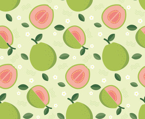 seamless pattern showcasing fresh guava fruits in decorative arrangement with leaves and abstract shapes