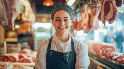 Young butcher smiling in a bustling market surrounded by fresh meats and customers